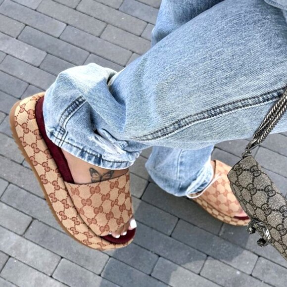 NEW GUCCI Angelina GG Beige Monogram Platform Slide Sandals Size EU 38 US 8 - Picture 9 of 15